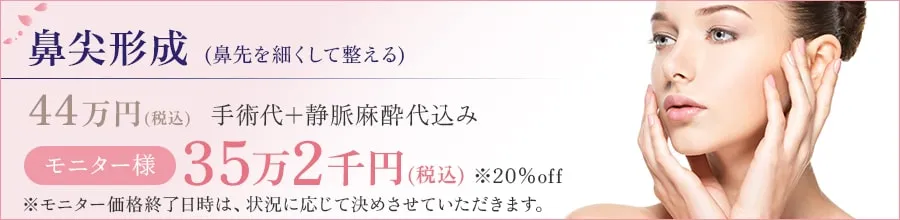 鼻尖形成(鼻先を細くして整える) 44万円(税込)　手術代＋静脈麻酔代込み モニター様：35万2千円(税込)　※20％off